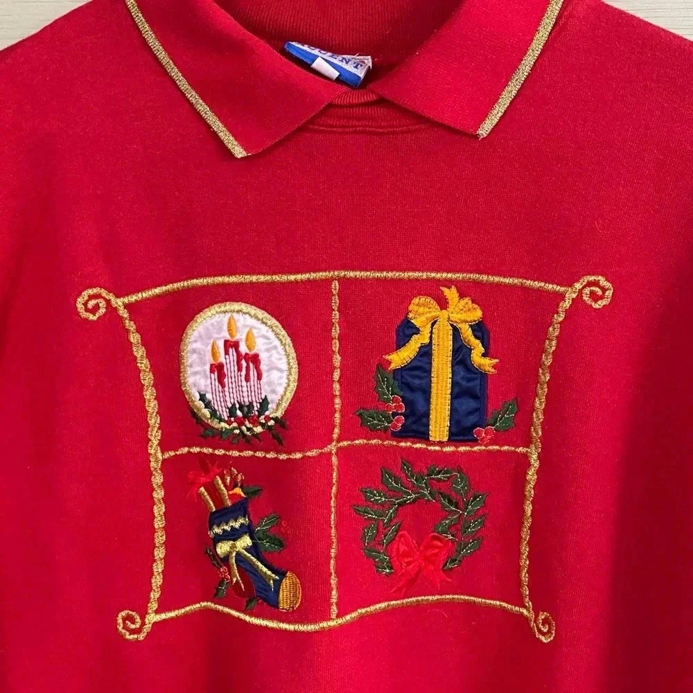 Ugly Christmas sweatshirt 80s Granny-core polo collar size M red sweater - Picture 2 of 8